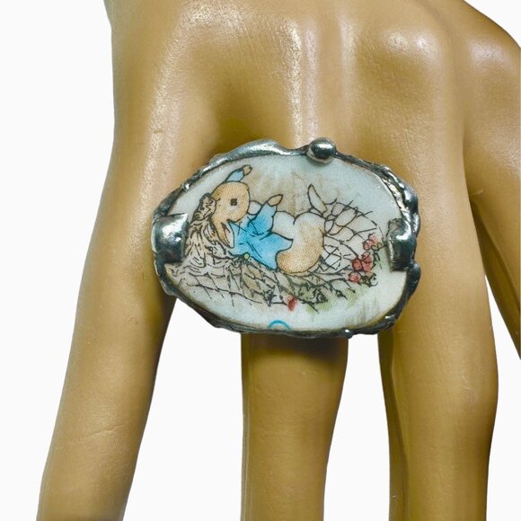 Peter Rabbit Broken China & Spoon Artisan Ring Upcycled & Boho Silver Metalwork - Picture 1 of 17